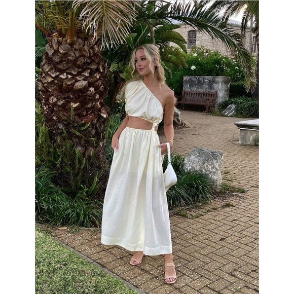 Farm Rio Off White One Shoulder Maxi Dress M Cutout Linen Blend Clean Chic New - Picture 9 of 10